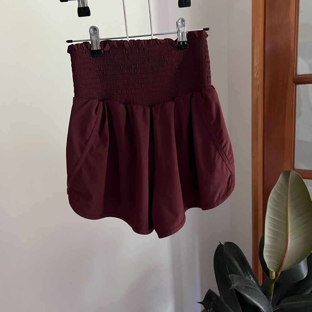 aerie Smocked High-Waist Athletic Shorts in Burgundy